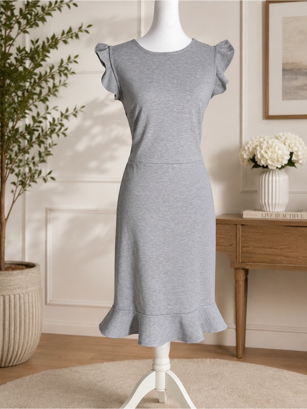 Old Navy Light Gray Ruffle-Hem Midi Dress